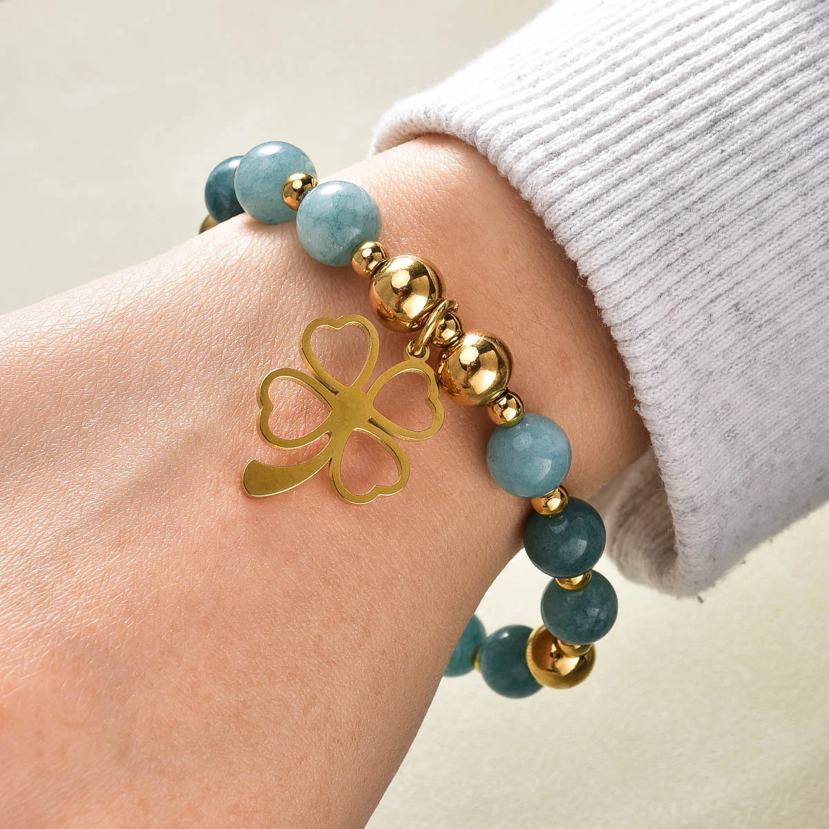 Bule Lucky Gemstone Bead String Bracelet Flower Plant Metal Pendants Bracelet Jewelry For Friends Birthday Souvenir Gifts