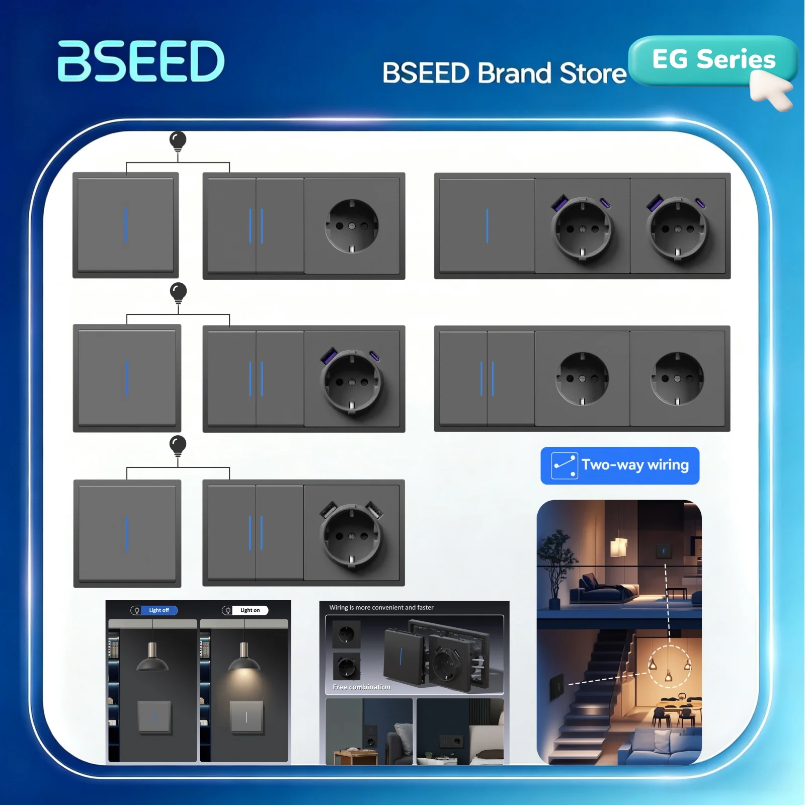 BSEED E Series 1/2Gang 2Way Button Light Switch With EU Power Outlet Button Switch With LED Indicator for Stairs Plastic Frame