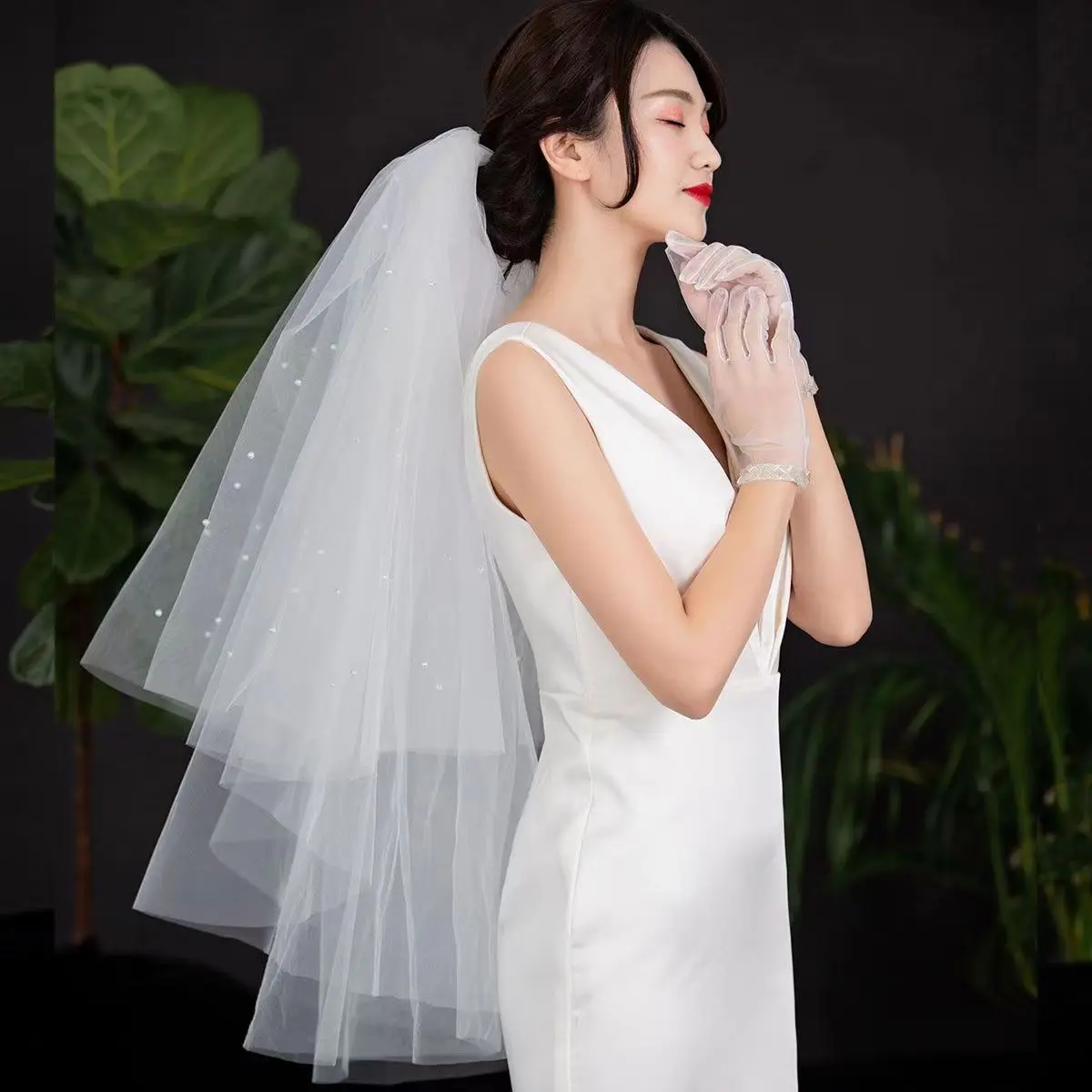 MANRAY Real Photo Pearls Multi Layer Face Covering velo da sposa Puffy Short Travel copricapo velo accessori da sposa