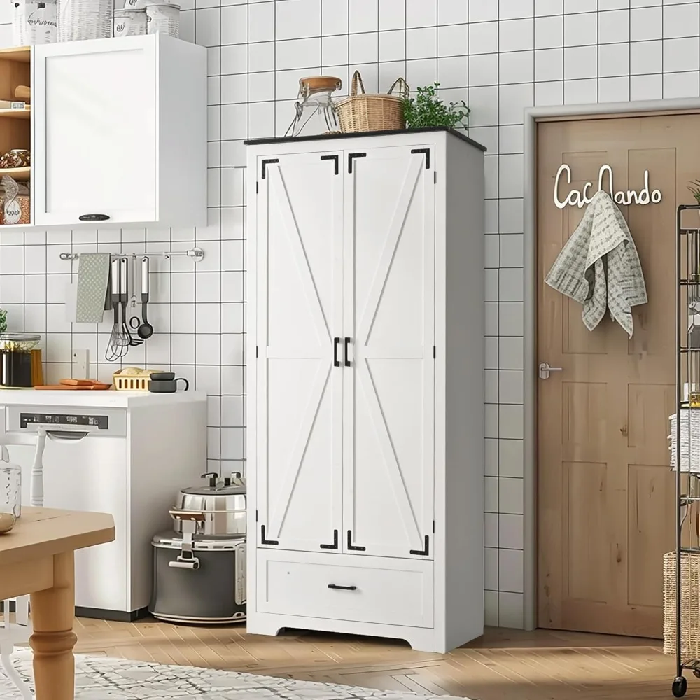 

Farmhouse Kitchen Pantry Cabinet - 71" Tall Wooden Storage Cabinets With 2 Barn Doors, Versatile Storage Cabinet With Shelves &