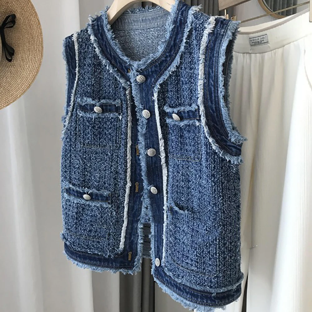 Dames Zoete Stijl Kwastje Gewassen Denim Vest Jas Single-breasted Ronde Hals Mode Uitloper Voor Vrouw Vakantie Dating Jassen