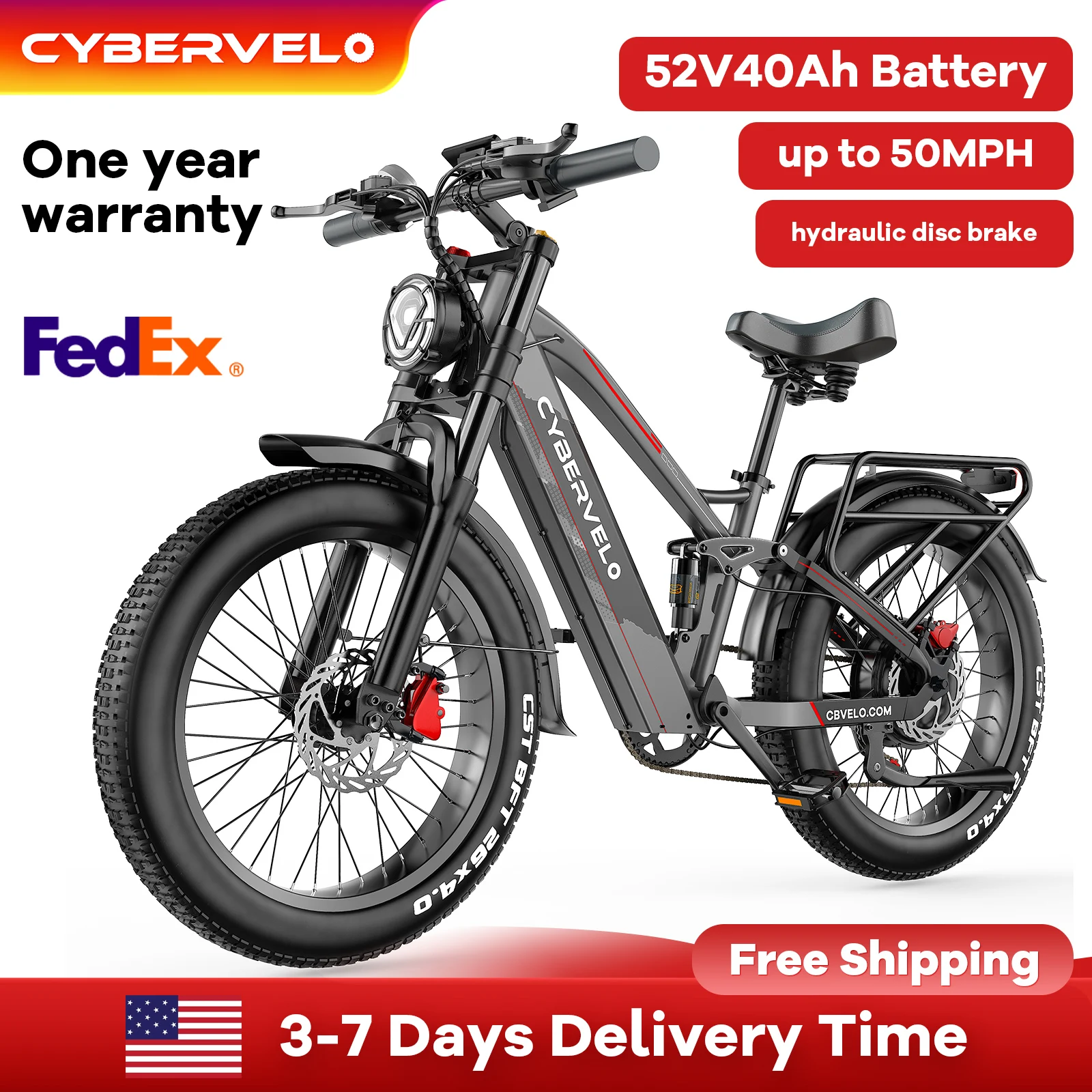 

Cybervelo 26" fat tire 5000w E-MTB, up to 120 Miles Range, 52V 40Ah Battery E-Bike, Luxury ALU-Frame Adult Electric Bicycle EK9