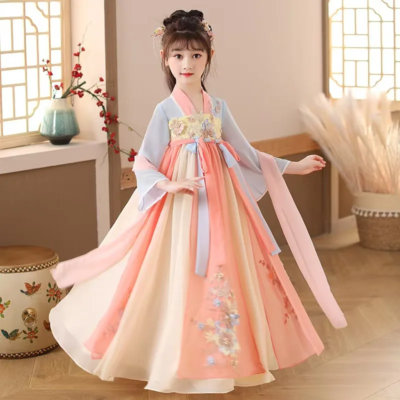 

Chinese Silk Robe Costume Girls Children Kimono China Traditional Vintage Ethnic Antique Dress Dance Costume Cosplay Hanfu Set