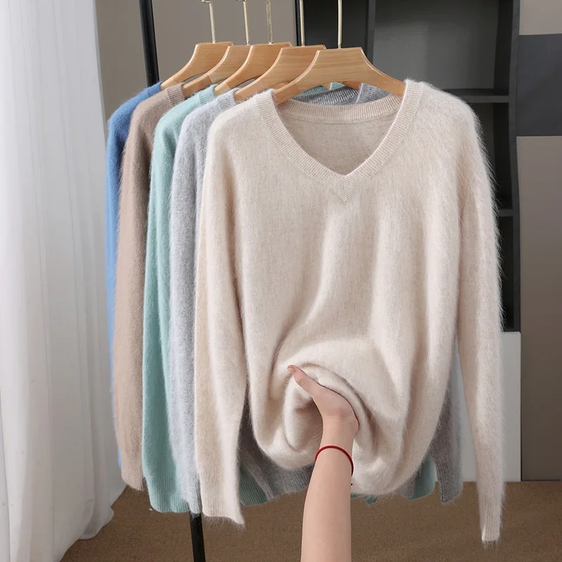 

Autumn/Winter New Men's 100% Mink Pullover Casual Pure Color Knitted Sweater Loose V-Neck Tops Thickened Warm Jumper