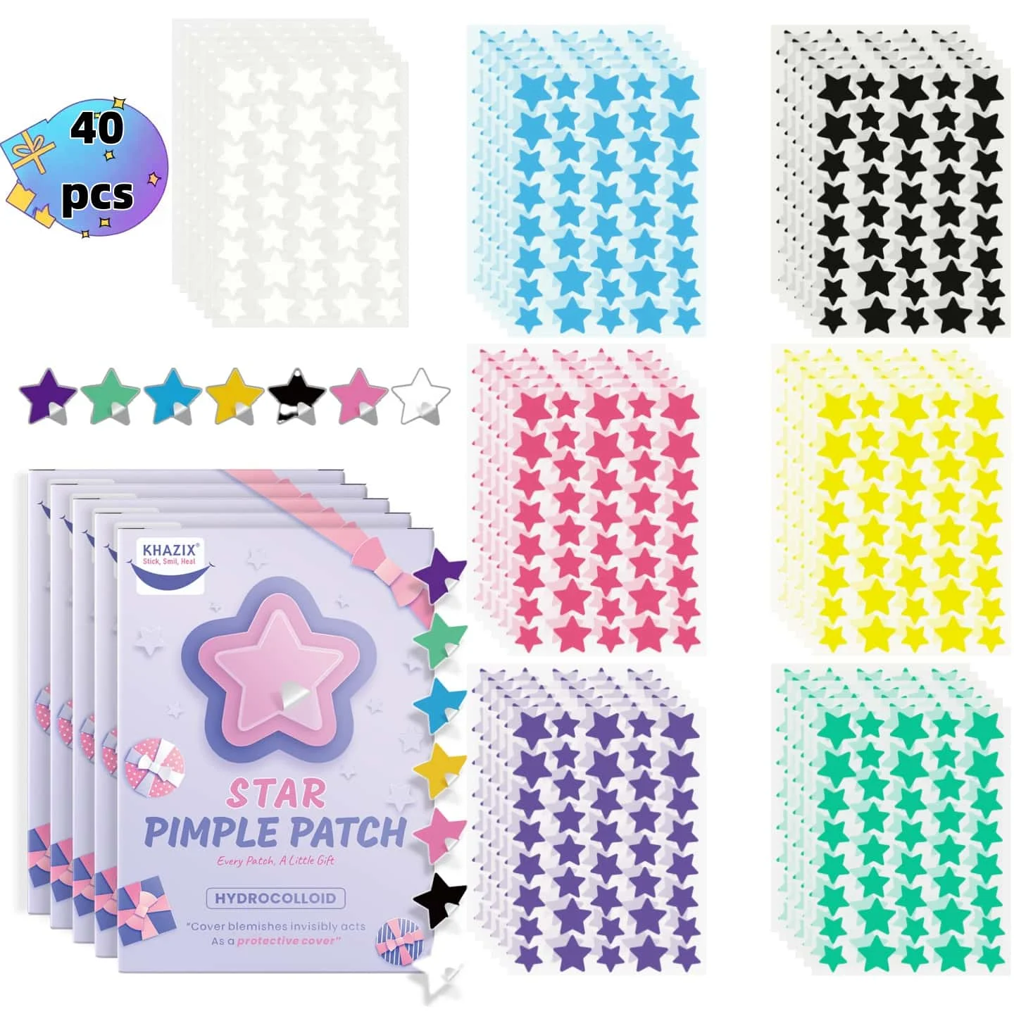 40 قطعة من رقع حب الشباب متعددة الألوان على شكل نجمة، رقع حب الشباب للوجه، رقع حب الشباب المخفية، ورقع البثور، رقيقة جدًا.