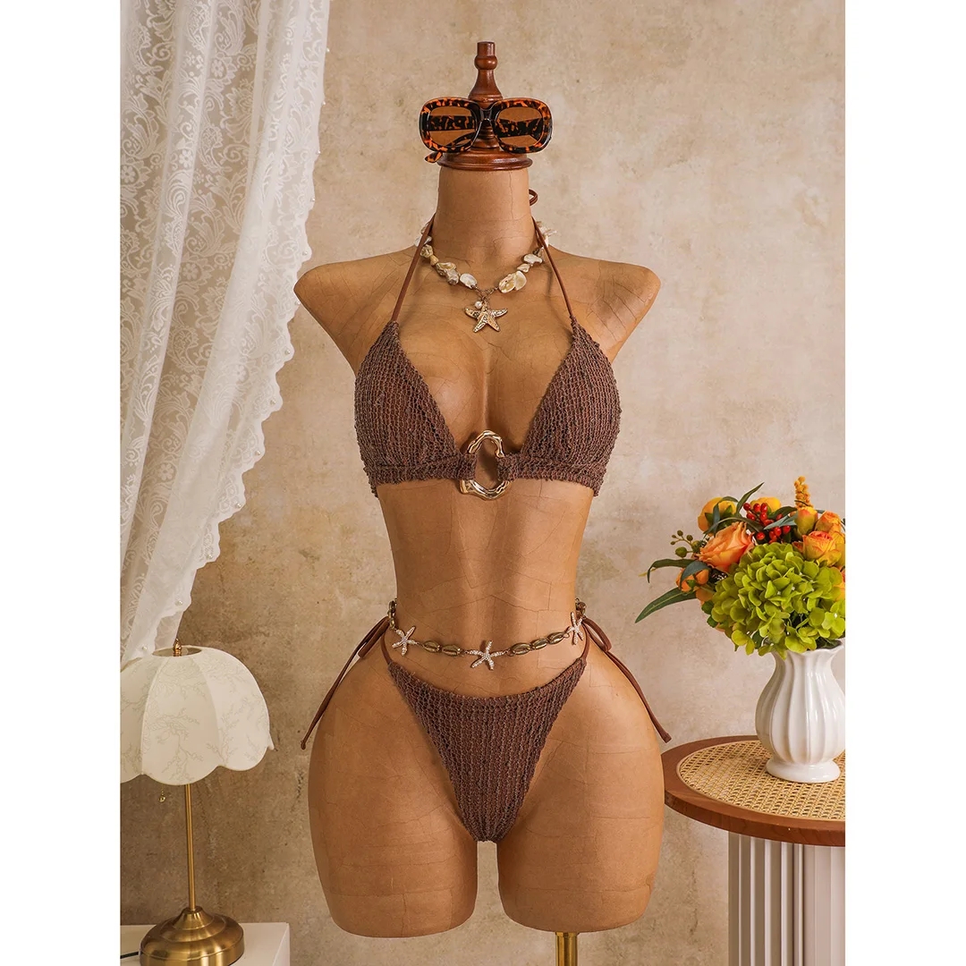Sexy Neckholder-Bikini, Damen-Badeanzug, dreiteiliges Bikini-Set mit langärmeligem Kleid, Badeanzug, Badebekleidung, Schwimmanzug V7925C – Detail 17