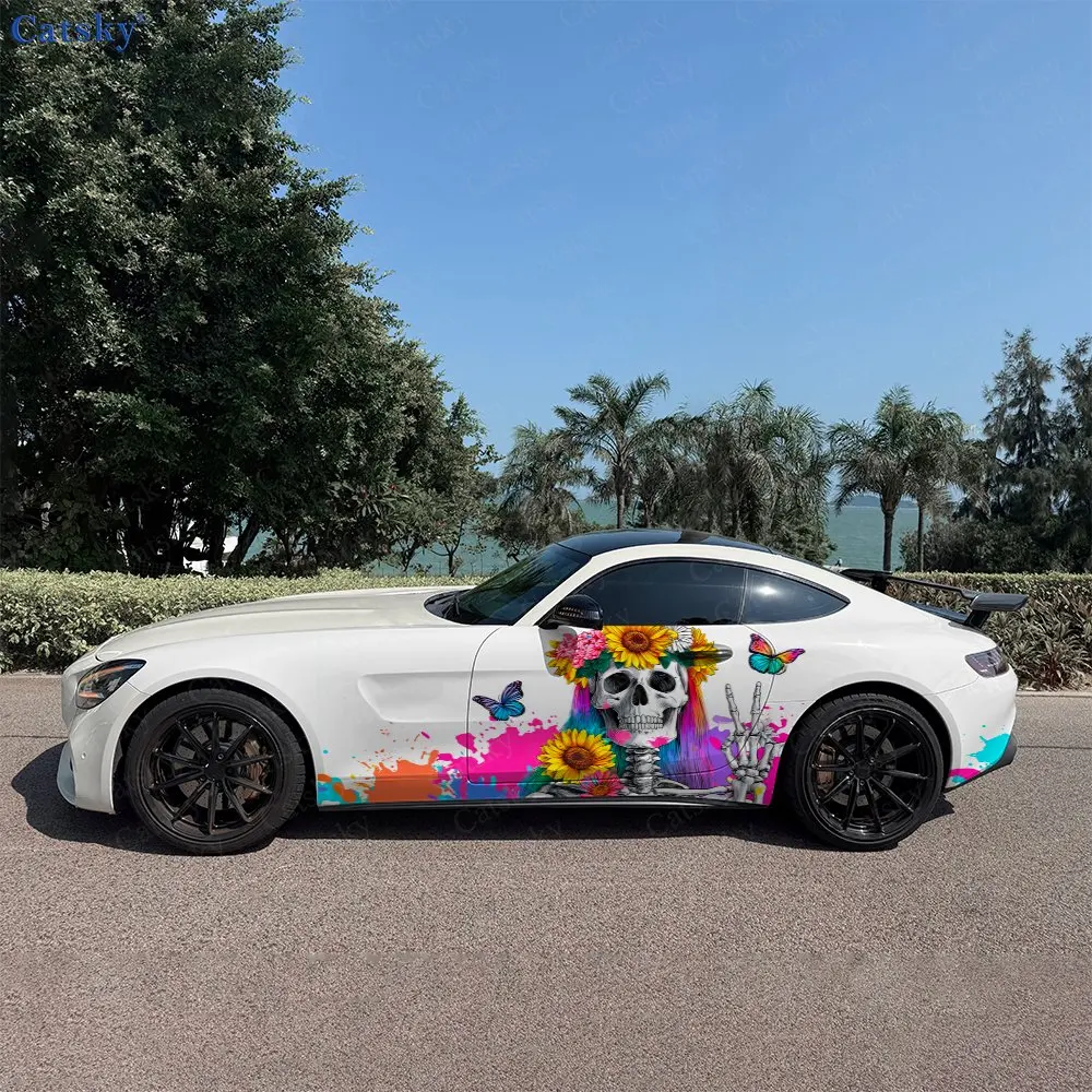 2pcs Graffiti Splatter Skull Butterfly Car Side Wraps, Self-Adhesive PVC Waterproof & Scratch-Resistant Stickers, Car Accessory