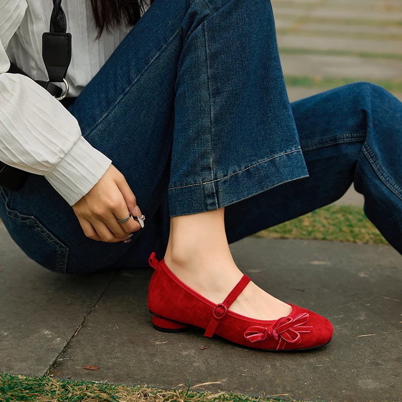 

Women's Mary Jane Flats - Handcrafted Genuine Sheepskin, Chinese-Inspired Design with Cute Bow Detail (Versatile & Comfortable)