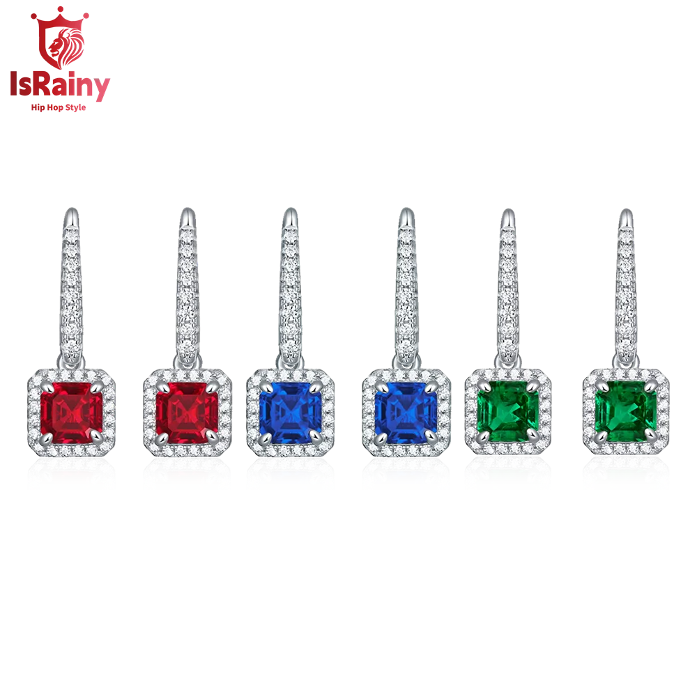 IsRainy 1 CT Square Cut Lab Created Sapphire Ruby Emerald Gemstone 925 Sterling Silver Drop Earrings dla kobiet Drobna biżuteria Prezent