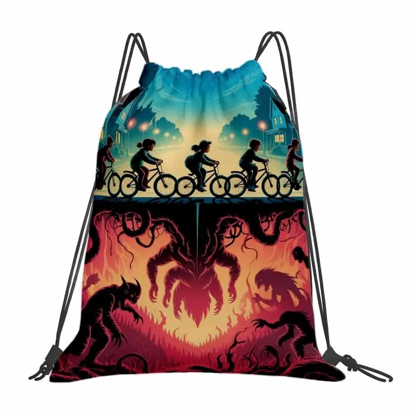 1-Piece Monster Street Print Drawstring Backpack, Durable Home Universal Storage Bag