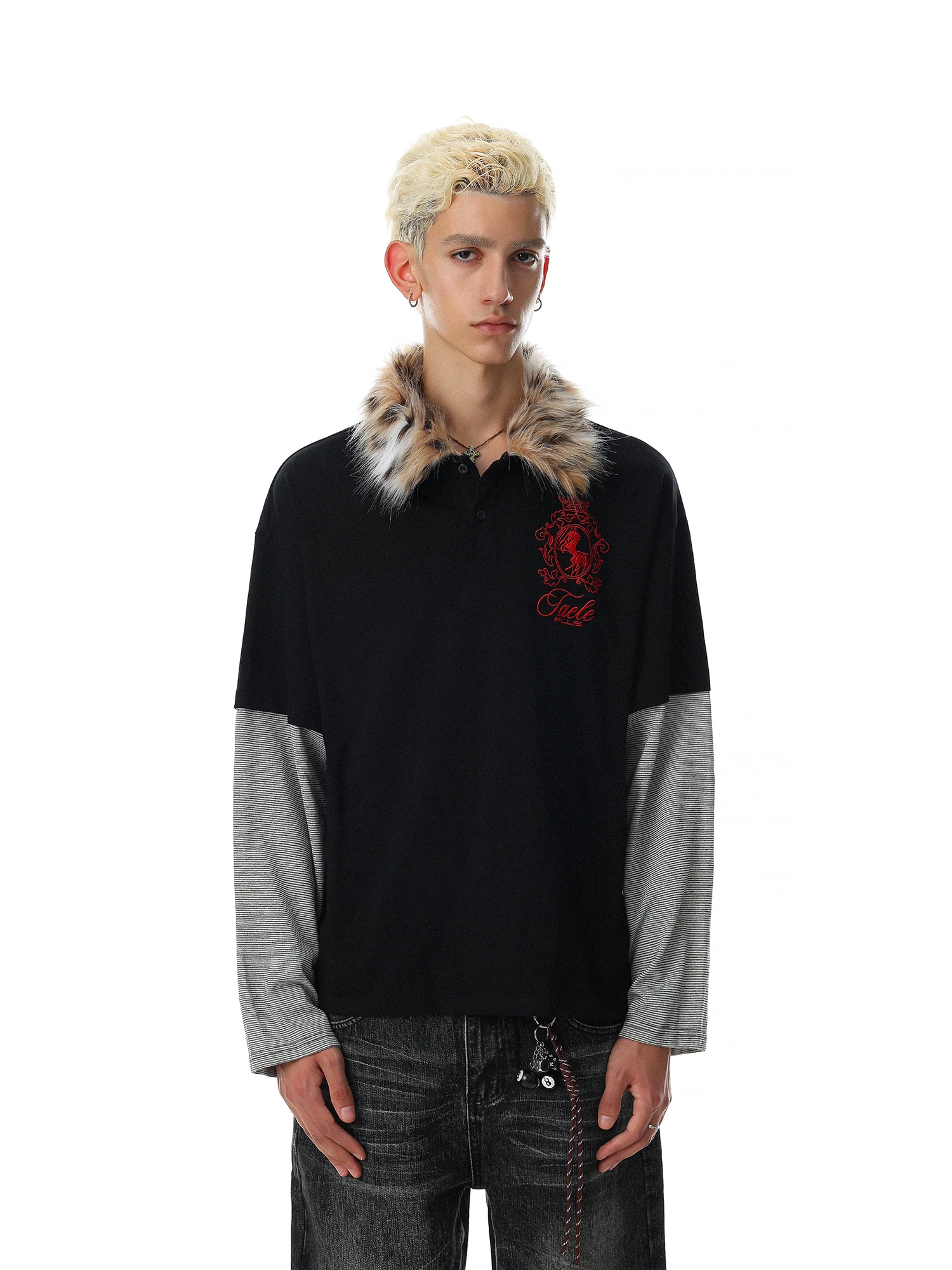 American Retro Men's Long Sleeve T-Shirt Loose Casual Versatile Cotton Shirt with Fur Collar Fake Two-Piece Style by Mr.Nearly