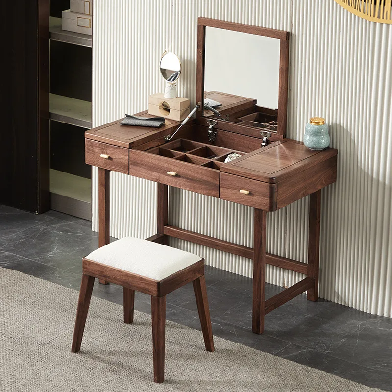 

New Chinese-style solid wood dressing , bedroom black walnut makeup modern simple and multi-functional flip top dressing table