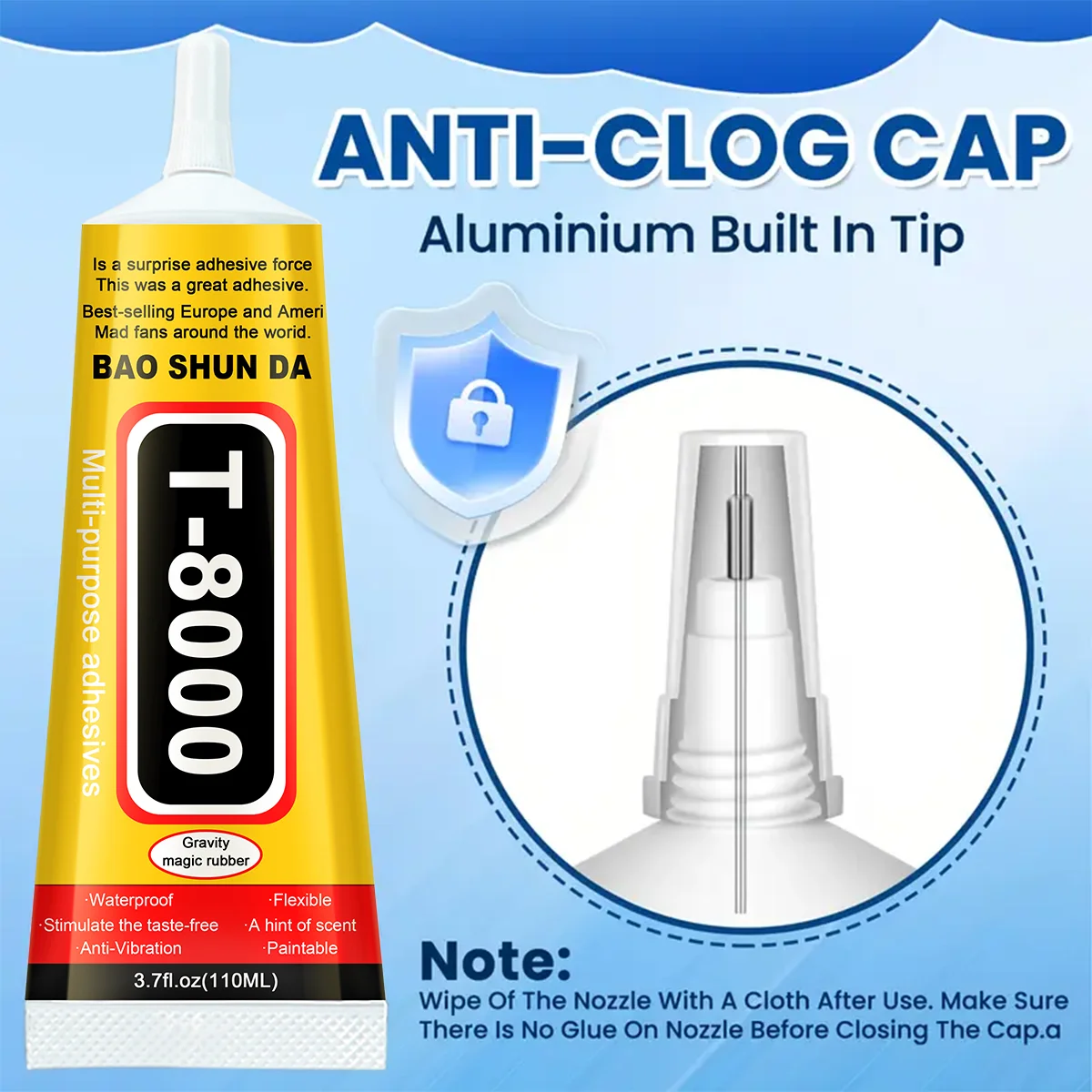 Baoshunda T8000 15/110ml Transparent Mobile Phone Adhesive Multipurpose Glue for DIY Electronic Components, Quick Repair Adhesive for Plastic, Glass and Ceramics, with Precision Applicator Tip