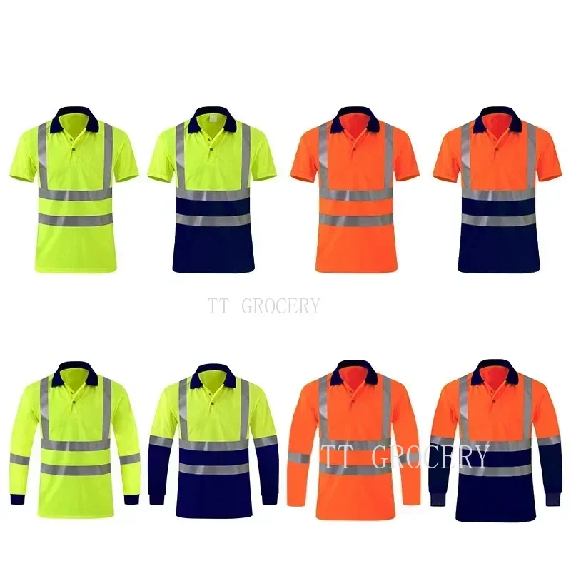 Summer Quick Dry Shirt Hi Vis Workwear Contrast Color Safety Long Sleeve Polo Shirt Reflective Work Tops For Working