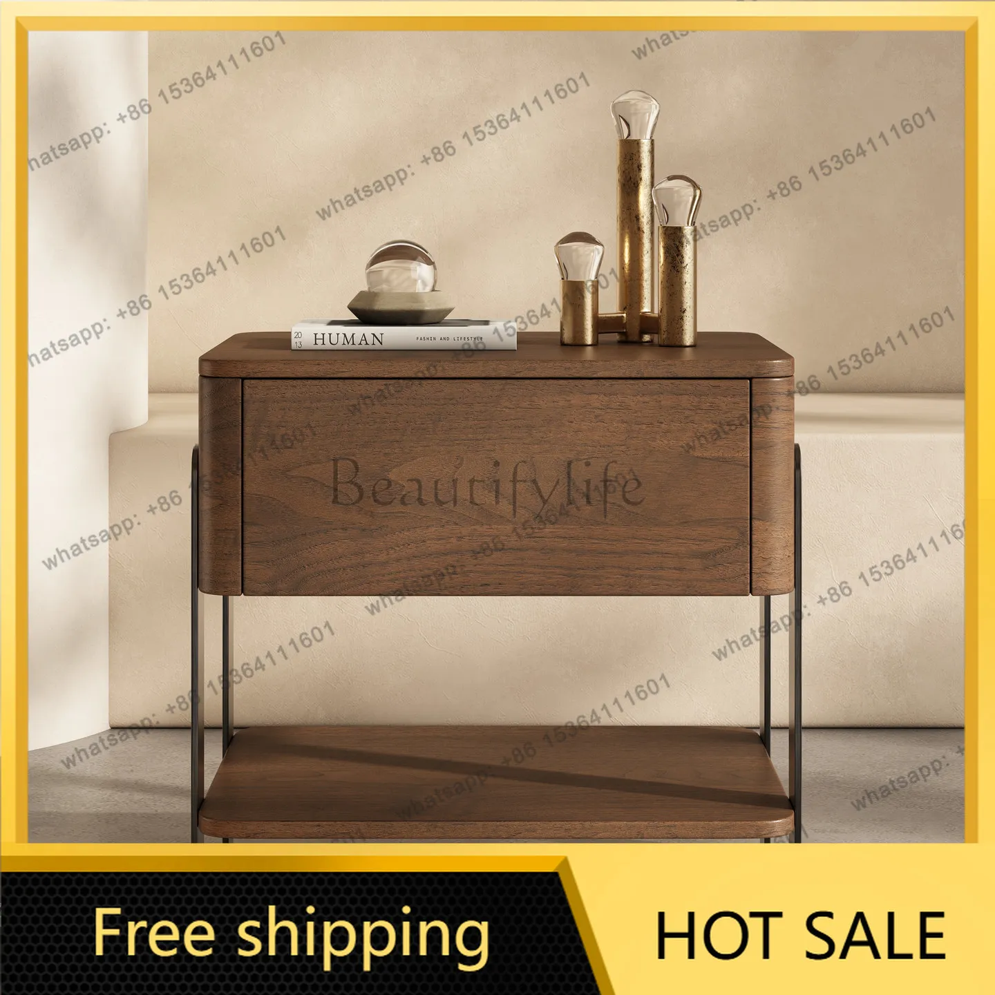 YJ Solid Wood Nightstand Natural Veneer Lacquered Surface Fashion Minimalist Storage Bedside Cabinet For Home Bedroom
