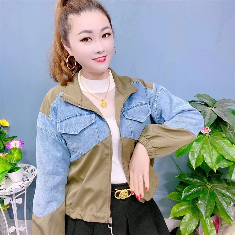 Spring And Autumn New Fashion Contrast Denim Stitching Coat Casual Joker Short 2024 College Wind Girl Temperament Jacket