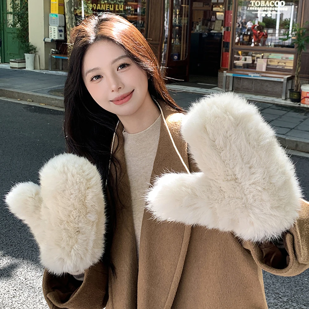 Women's Winter Real Rex Rabbit Fur Gloves Warm Thick Ladies Fur Mittens Elastic Girls Ski Glove Mitts Elastic Soft With String