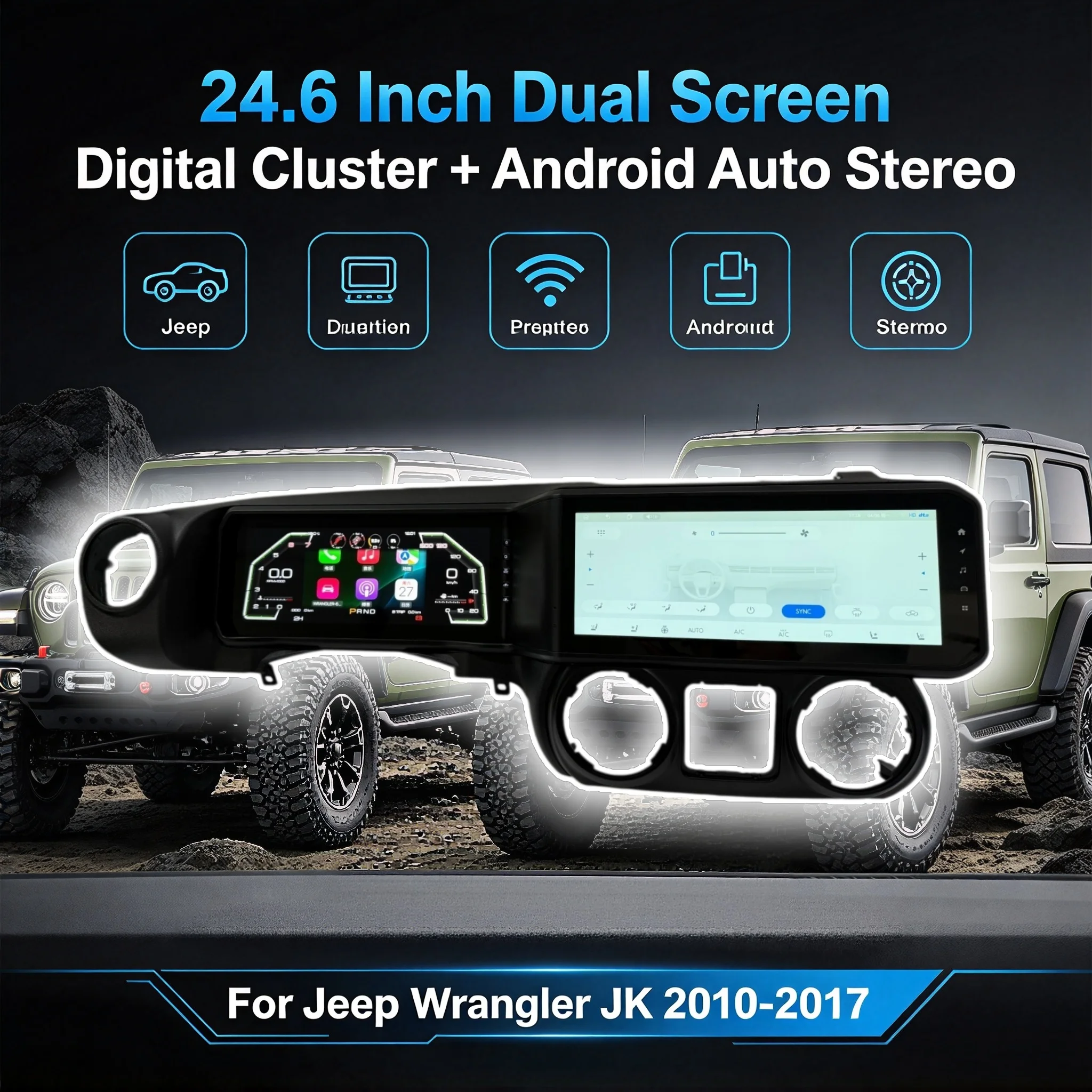 24.6 Inch Dual Screen Digital Cluster + Android Auto Stereo For Jeep Wrangler JK 2010-2017 Car Radio Multimedia Player DSP Navi