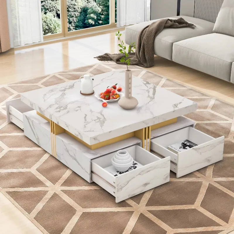 

#Modern Square Marble Storage Coffee Table With 4 Drawers Durable Movable Nesting Design