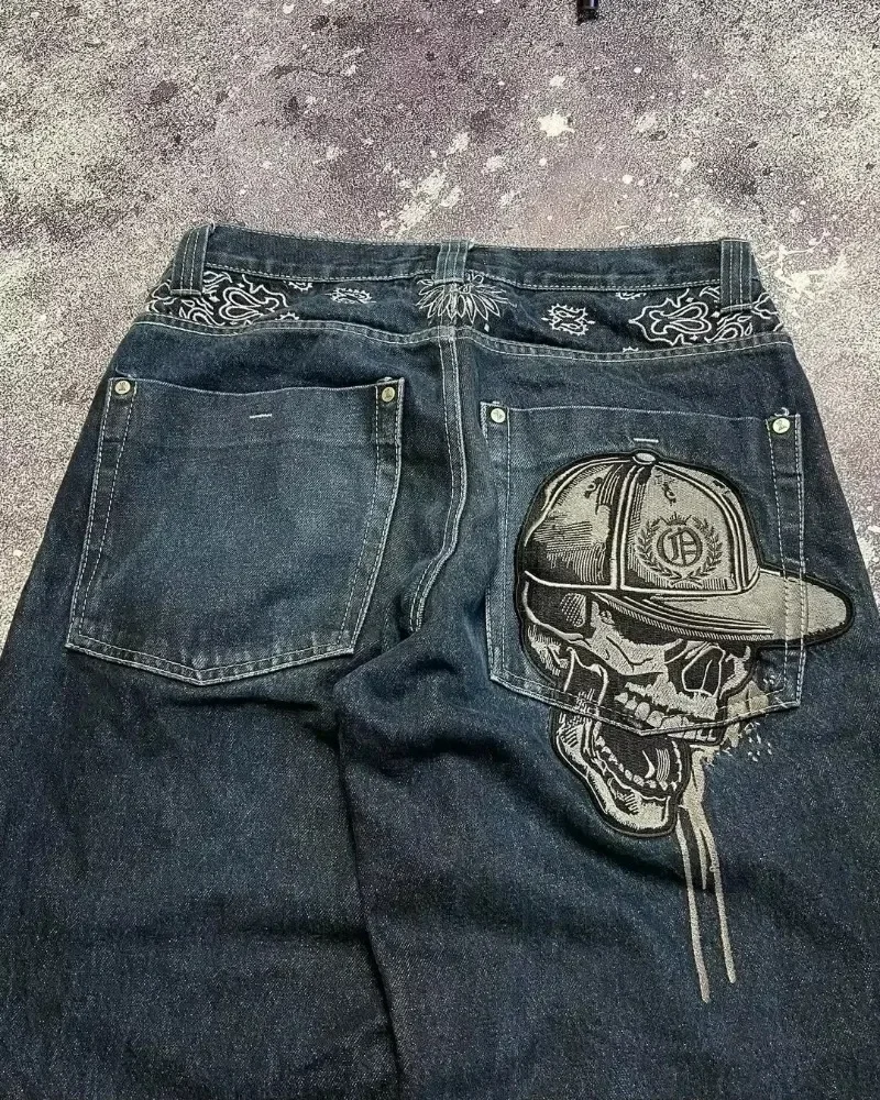 Y2K americano nueva tendencia Hip-hop gótico bordado Jeans calle Harajuku ocio suelto recto pantalones de pierna ancha pantalones vaqueros Unisex