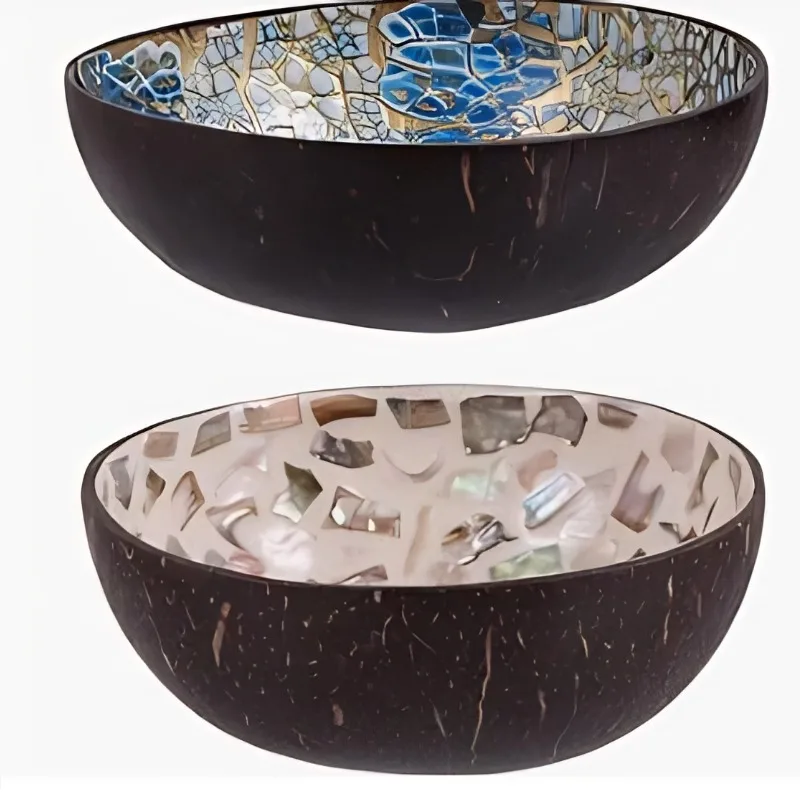 Natural Coconut Bowl 12-15cm Handmade Serving Bowl with Wooden Spoon, Kitchen Tableware for Fruit Rice Salad Dessert