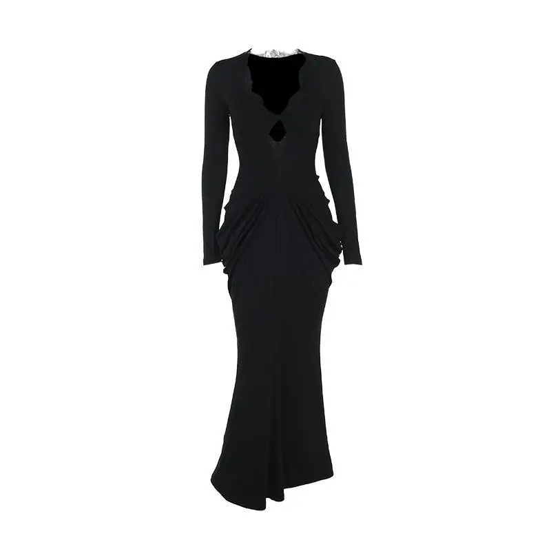 Abito da sirena aderente nero con scollo a V vintage con pannelli in pizzo Abito da festa increspato slim fit europeo americano Abito da abbigliamento alla moda
