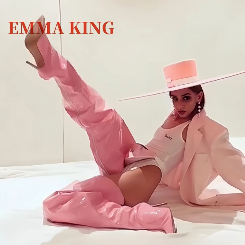 النساء الوردي الفخذ أحذية عالية مثير أشار تو الخنجر الكعوب فوق الركبة الأحذية عودة البريدي رقيقة عالية الكعب طويلة بوتاس دي Mujer 44