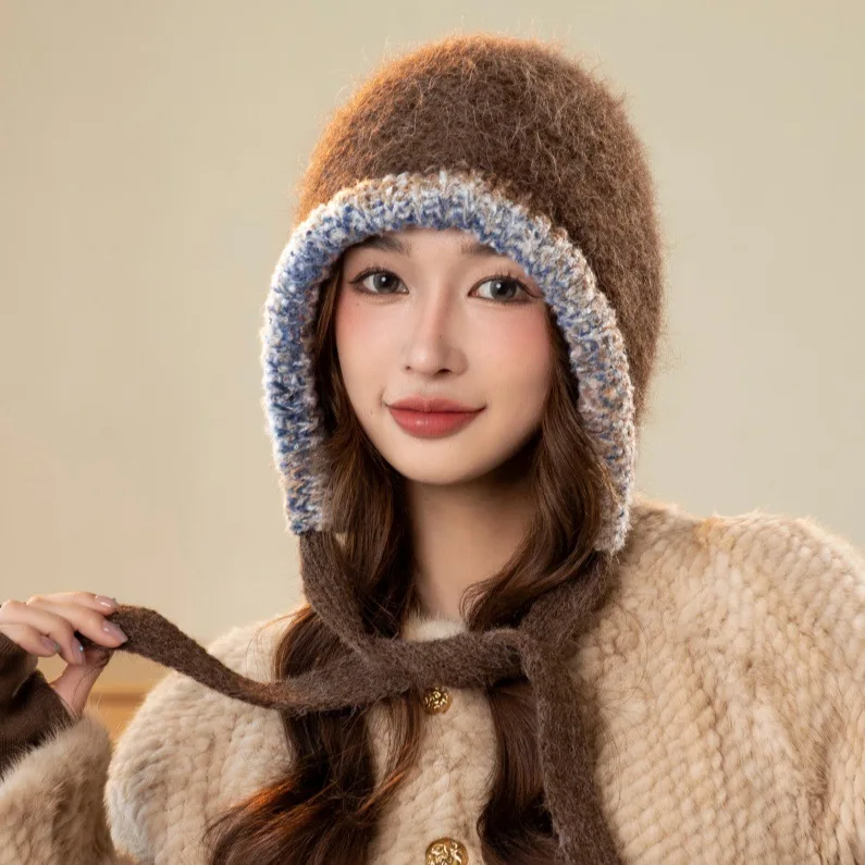 Korean and Japanese autumn/winter knitted hat. Ethnic style, drawstring, ear protectors. Trendy patchwork.