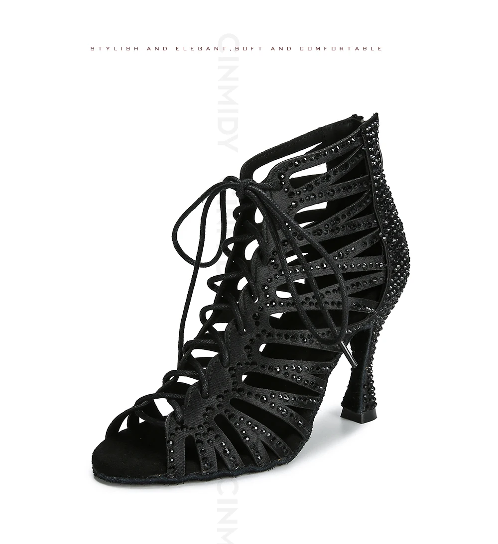 CINMIDY Schwarze Tanzschuhe für Damen Tango Salsa Latein Tanzschuhe Kubanischer Absatz Ballsaal Tanzstiefel Rote Partyschuhe zum Tanzen – Detail 16