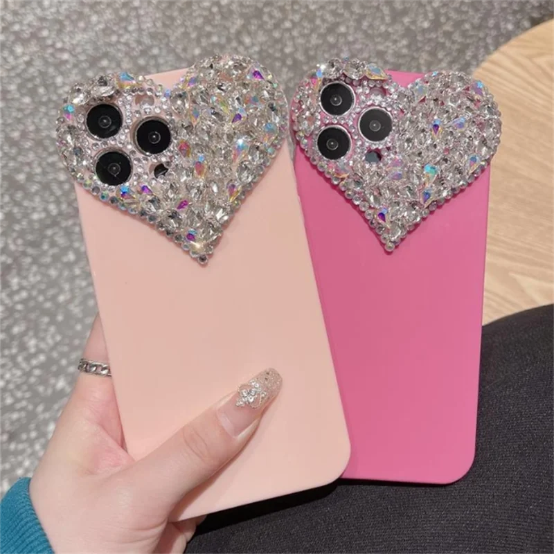 

Bling Love Heart Rhinestone Protect Lens Phone Cases for IPhone 16 Pro Max 15 14 13 Crystal Custom Soft Shockproof Back Covers