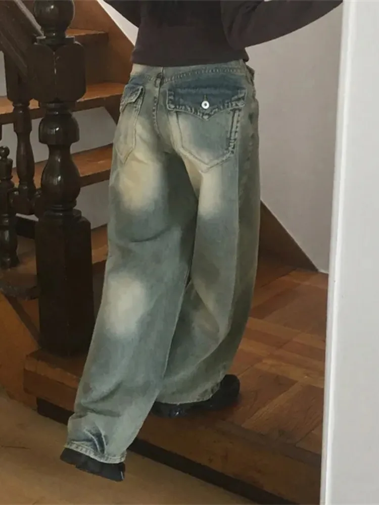 

Ретро-джинсы с высокой талией, плиссированные, свободные, прямые, широкие, женские, в корейском стиле, повседневные, джинсовые брюки
