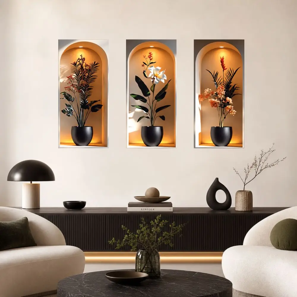 3 Sheets Realistic 3D Wall Stickers Elegant Plant Pattern Living Room Wallpaper Modern Minimalist PVC Staircase Wall Stickers