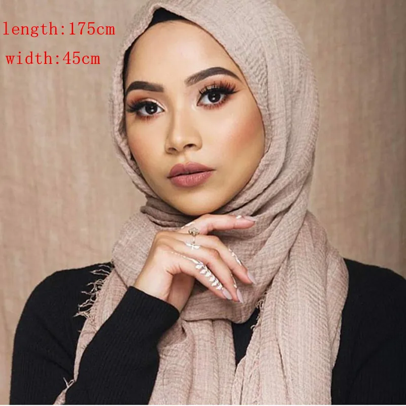 צעיף ארוך מבד כותנה פשוט עם קמטים לנשים, צעיף חיג'אב מוסלמי לראש, סיטונאות