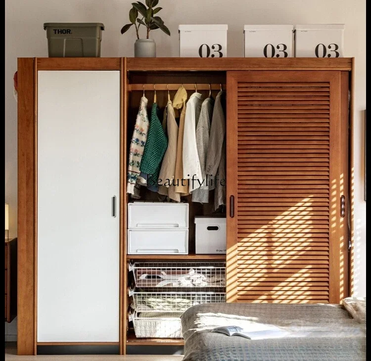 

12Solid Wood Large Wardrobe with Sliding Doors, Vintage Style, Natural Wood Sliding Door Closet