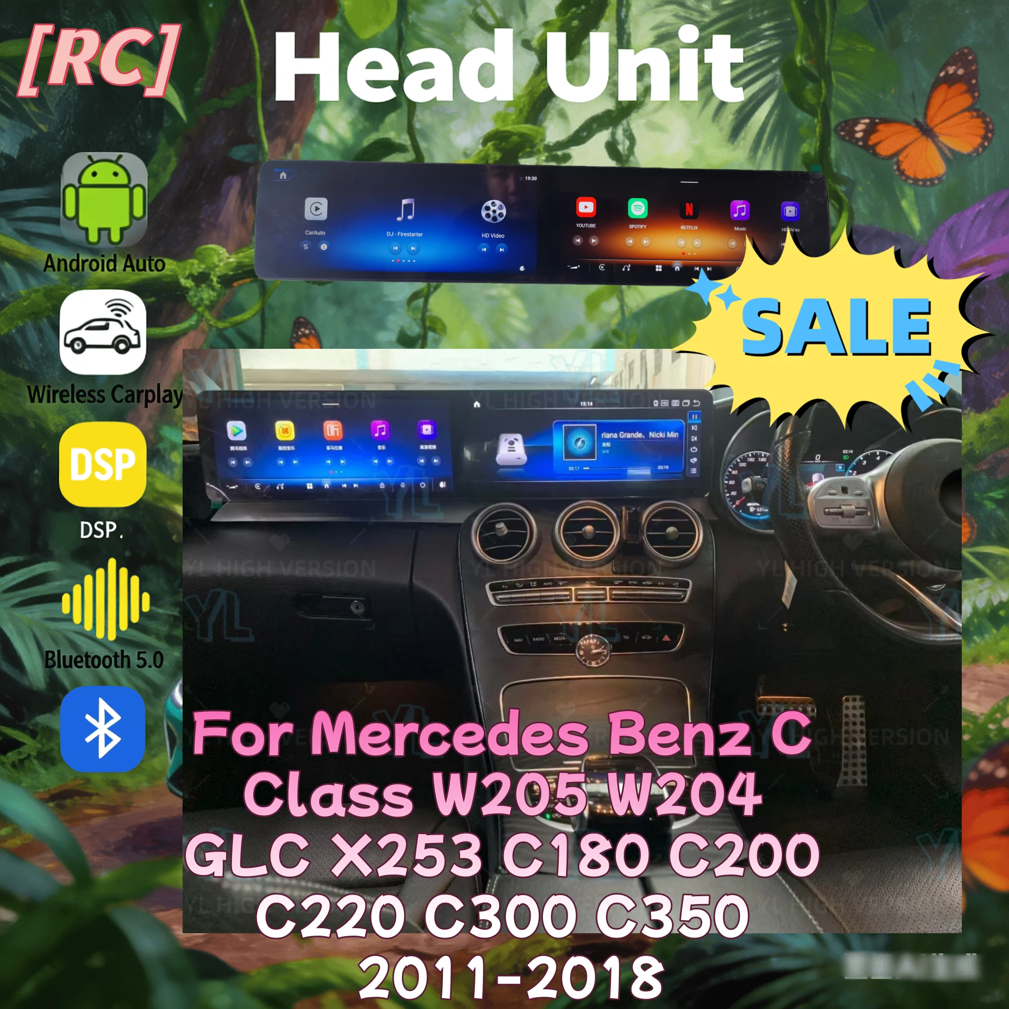 

24.6 inch For Mercedes Benz C/GLC W205 2011-2021 NTG 5.0 5.5 RHD Carplay dual screen car radio playback multimedia Head Unit 4G