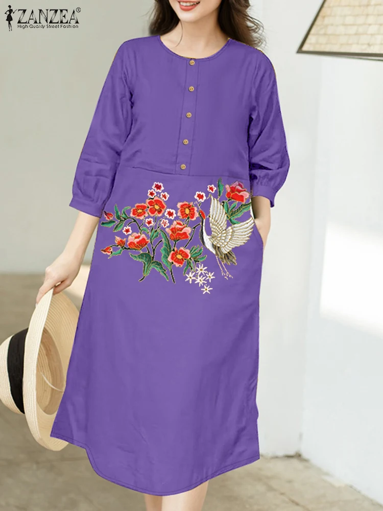 ZANZEA-túnicas acampanadas con estampado Floral y grulla para mujer, vestido informal holgado Vintage con manga 3/4 para el día de verano 2025, Vestidos por debajo de la rodilla