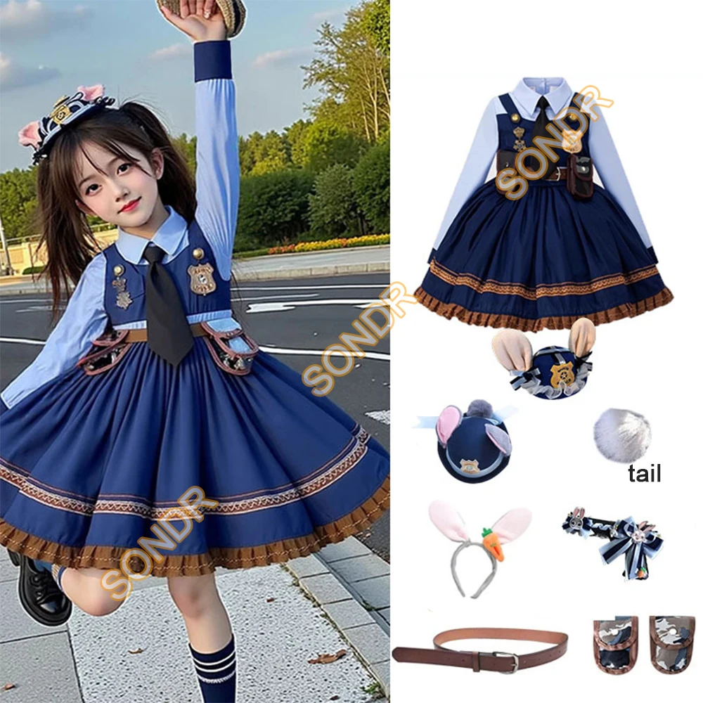 

Movie Zoo 2 Officer Judy Hopps Cosplay Costume Blue Police Dress Belt Pockets For Girls Halloween Party Performance Outfits