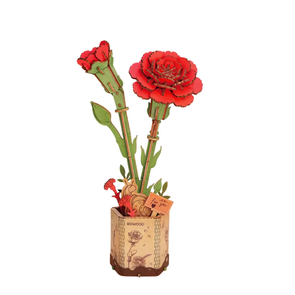 Robotime Rolife 3D Wooden Puzzle Flowers Wooden Craft Model Kits Eternal Flowers for Her Women Mom -Red Rose Pink Red Carnation