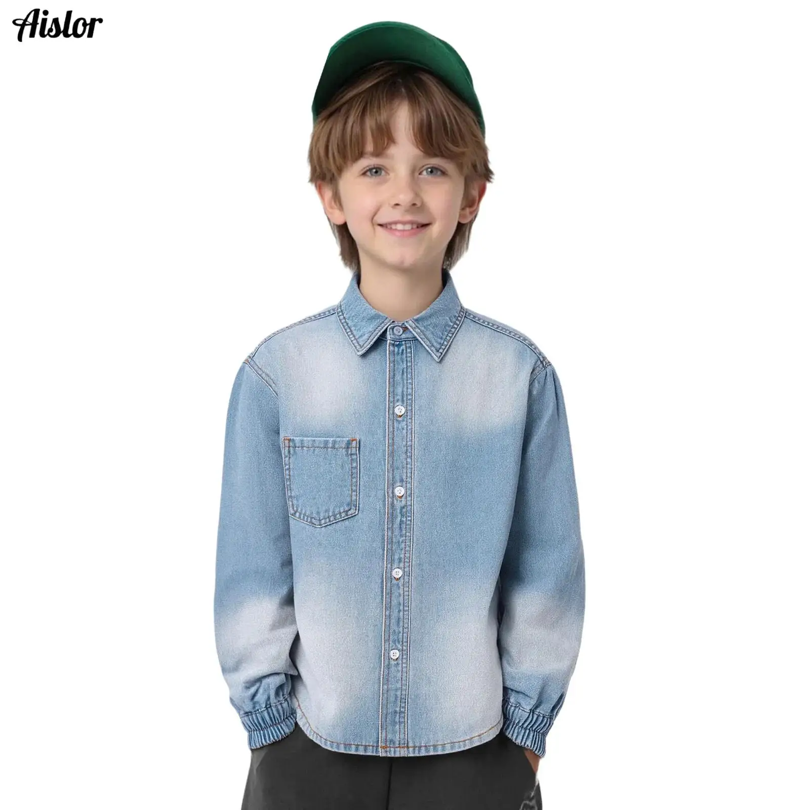 

Kids Boys Denim Shirt Jacket Casual Clothing Outwear Long-Sleeve Elastic Cuffs Turn-Down Collar Button-Down Coat Top with Pocket