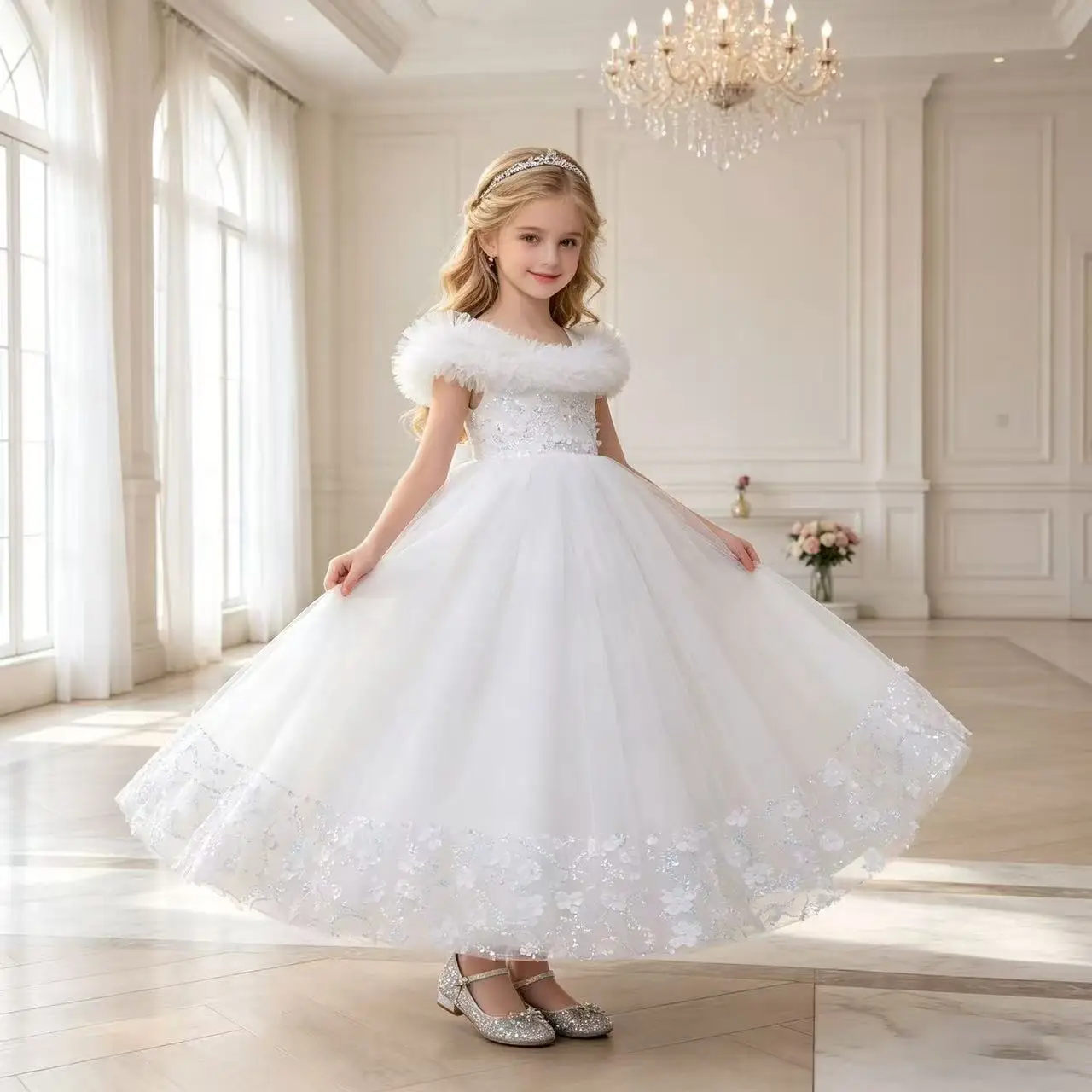 Nuevo Vestido de Fiesta Formal Azul Marino para Niñas de 4 a 12 Años, Vestido de Tul con Flores para Niña, Vestido de Princesa con Tutú, Traje de Ceremonia para Niños