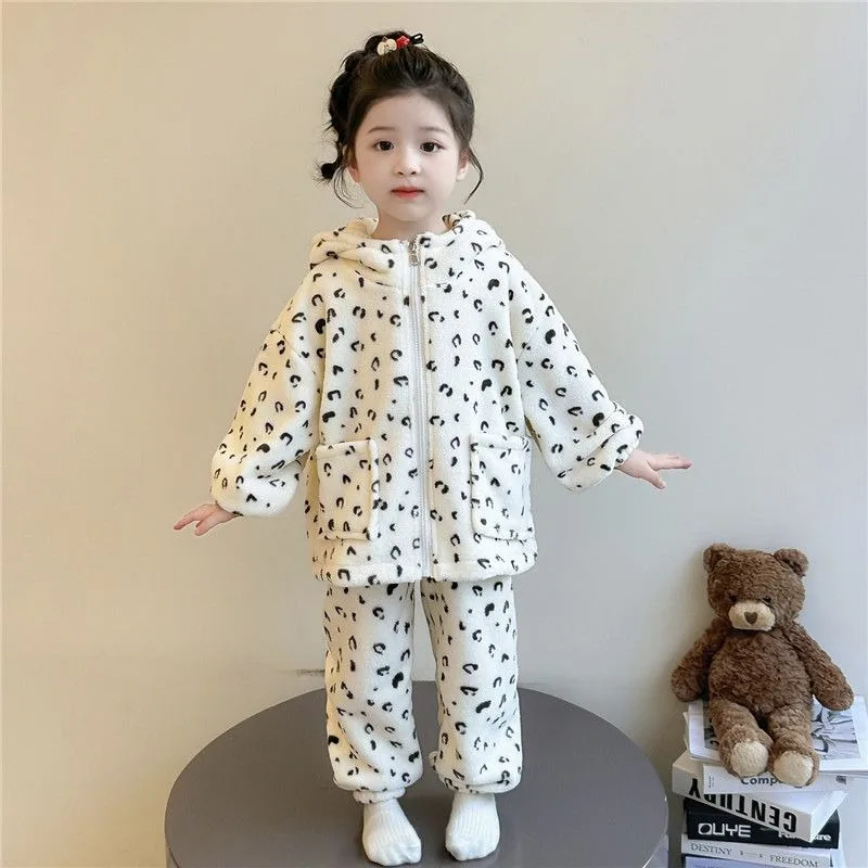 

2025 Winter Girls' Flannel Coral Fleece Hooded Pajama Sets Toddler Cozy Homewear