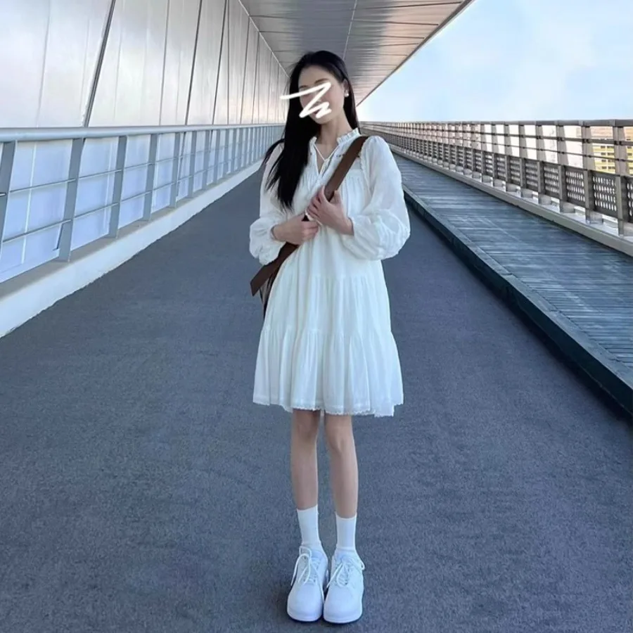 

【New style】Early spring new French style bubble sleeve shirt dresses for schoolgirls with long sleeves and medium-long A-shaped