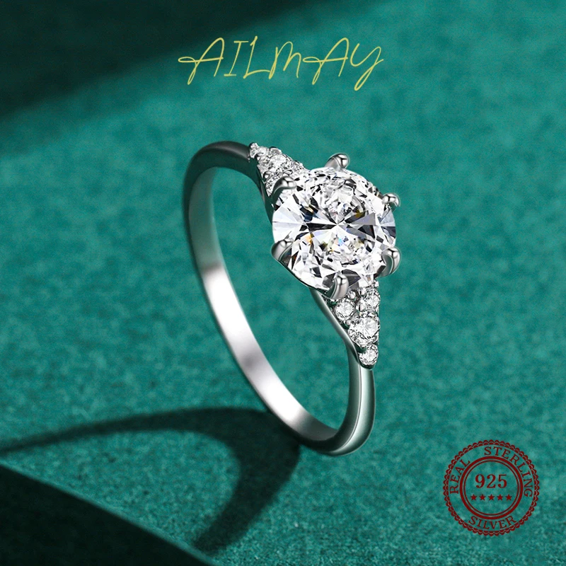 Ailmay Genuine 925 Sterling Silver Luxury AAAAA Level Sparkling Zircon Finger Ring For Women Classic Wedding Statement Jewelry