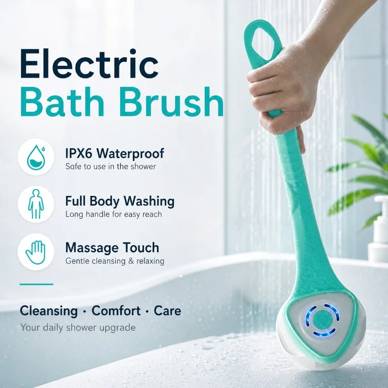 Electric Long Handle Shower Brush Auto Rotating Waterproof Massage Bath Brush Strong Exfoliating Scrubber with 5 Heads
