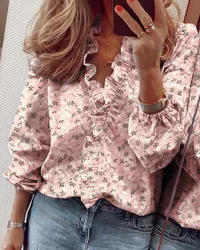 Plus size spring/summer new shirt fashion casual long sleeved V-neck women's ruffled edge shirt solid color printed loose top