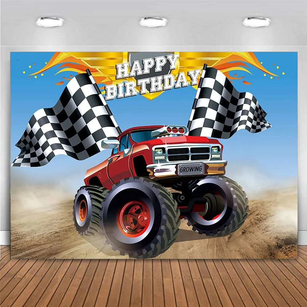 Monster Truck Theme 1st First Birthday Party Decoration Banner Backdrop for Kids Boys Photography Background Vinyl 7x5ft Custom