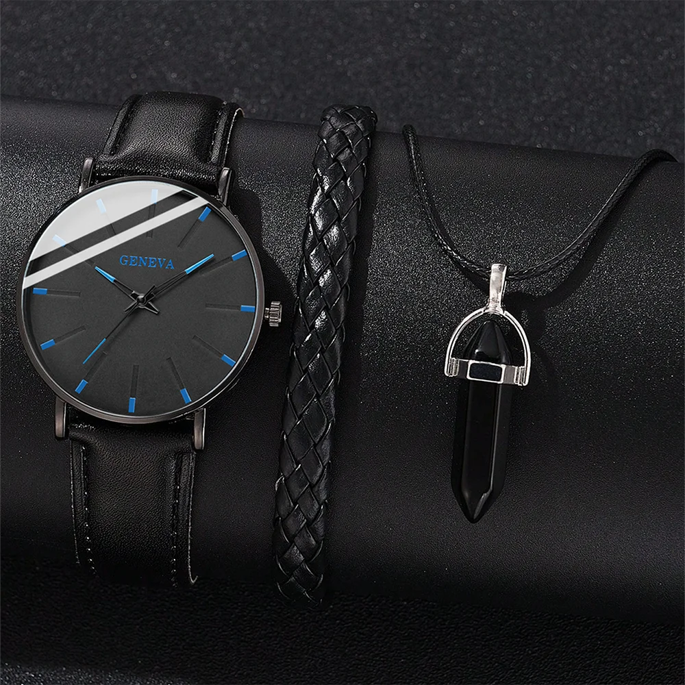 

3PCS Black Men's Watch Set Trendy, Fashionable, Simple Quartz Watch Bracelet Necklace Set Perfect Holiday Gift