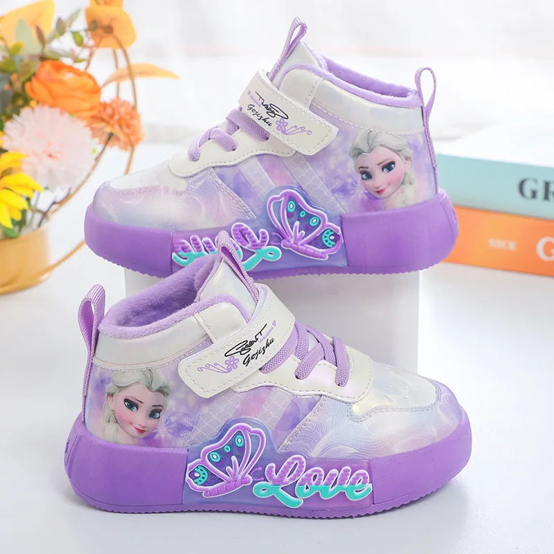 Disney Princess Elsa High Top Casual Board Shoes Children\'s Autumn and Winter Plus Plush Sports Shoes Korean Style Trend Shoes