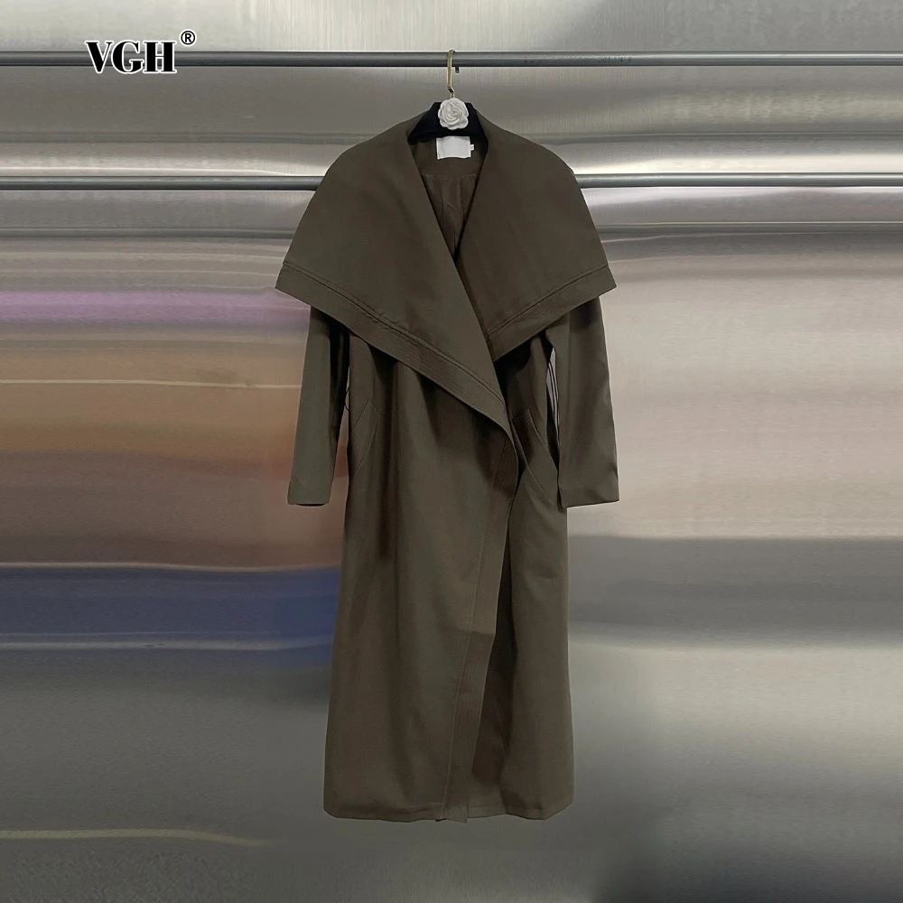 

VGH Solid Color Temparament Windbreaker for Women Large Lapel Long Sleeve Slimming Tunic Spliced Lace Up Street Jackets Female