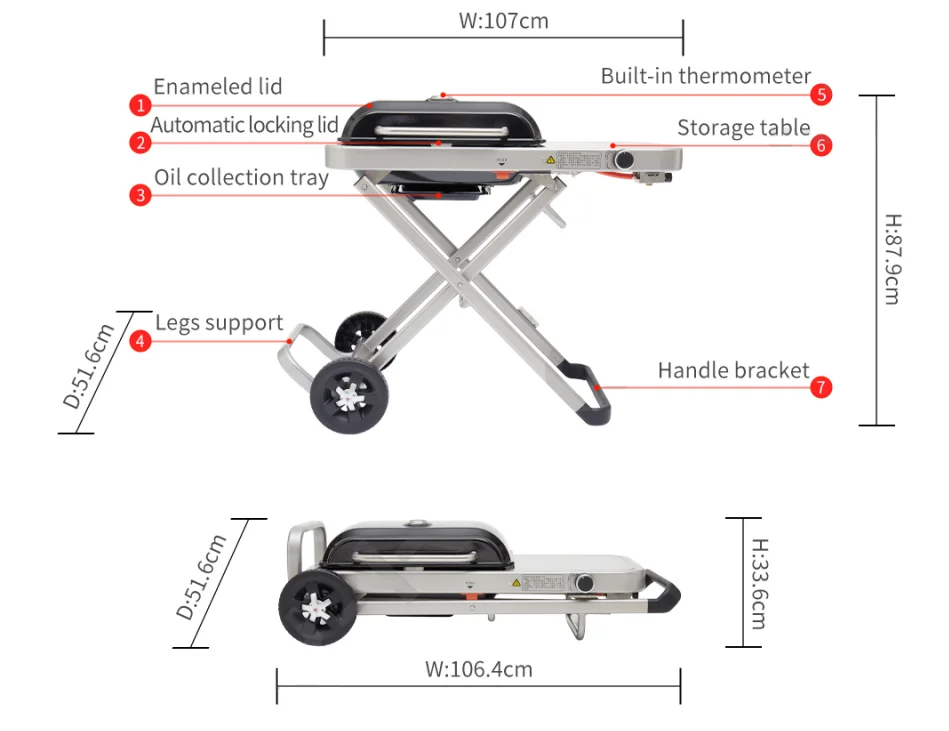 2025 New Generation Portable Foldable BBQ Grill Griddle Adjustable Steel Gas Barbecue Trolley for Camping Outdoor BBQ Grilling